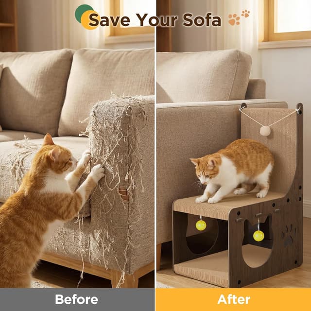 Thumbnail 6 de Gimars Grattoir chat en carton en forme de chaise avec balles et tunnel cachette (noyer)