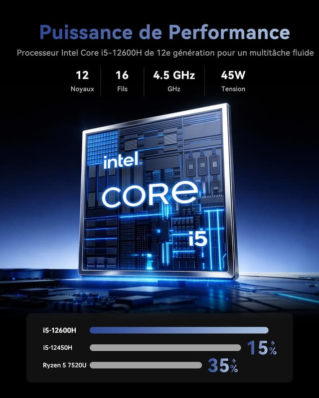 Detalle de Tivique PC Portable Gamer 2026 – écran 15,6" FHD et Core i5-12600H, 16 Go RAM et SSD NVMe