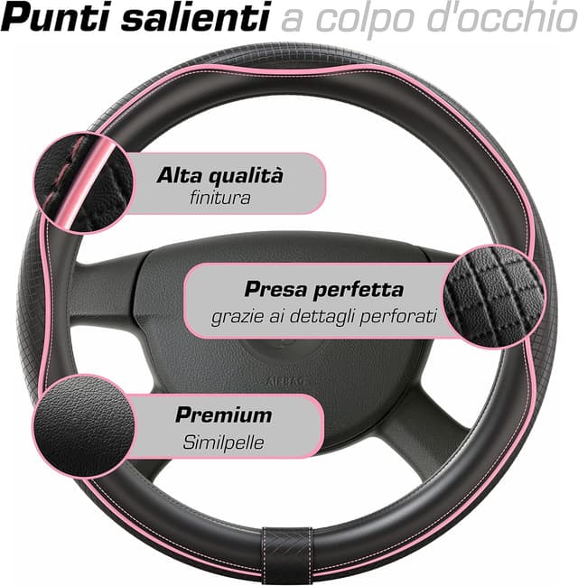 Detalle de Upgrade4cars coprivolante auto universale in finta pelle nero e rosa, diametro 37-38 cm