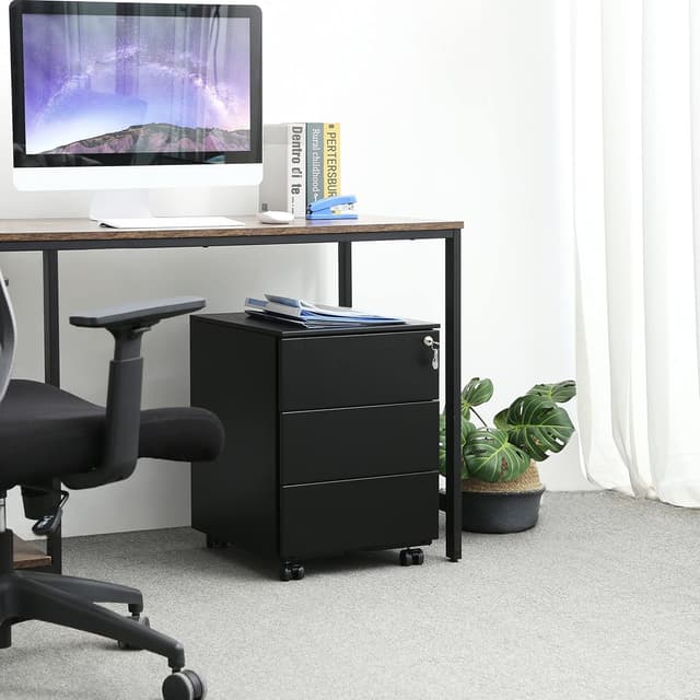 Detalle 2 de SONGMICS OFC63BK Cassettiera da ufficio con ruote e chiusura, 3 cassetti per scrivania (45 x 39 x 54 cm) in nero opaco