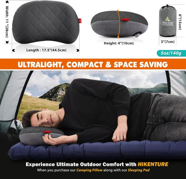 Detalle de HIKENTURE ultralight inflatable camping pillow for adults (grey) with removable cover