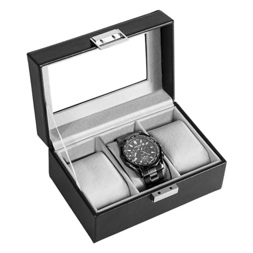 Detalle de ProCase caja para 3 relojes con tapa de cristal y cojín extraíble (negro)