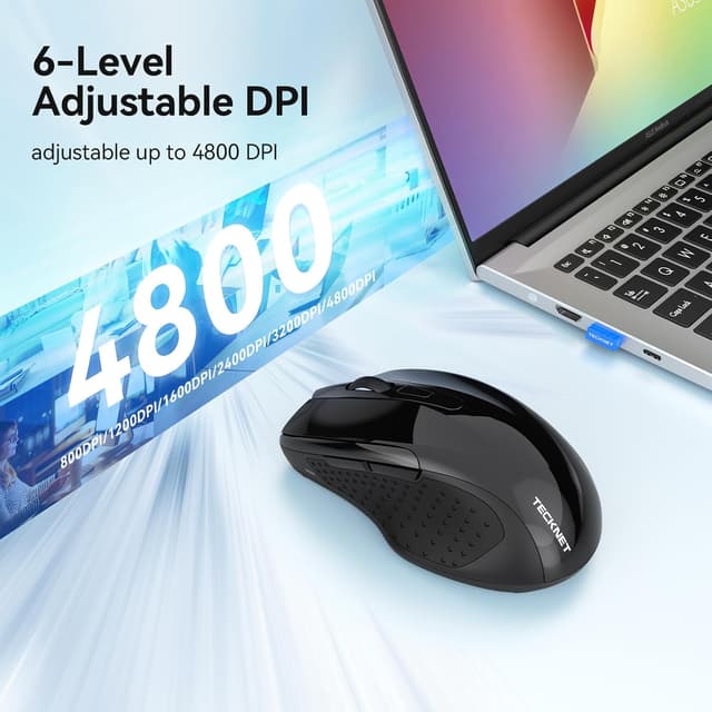 Detalle de TECKNET Bluetooth Mouse Jiggler (BT 5.0/3.0 + 2.4G) Rechargeable Silent Ergonomic 6 Buttons, Black