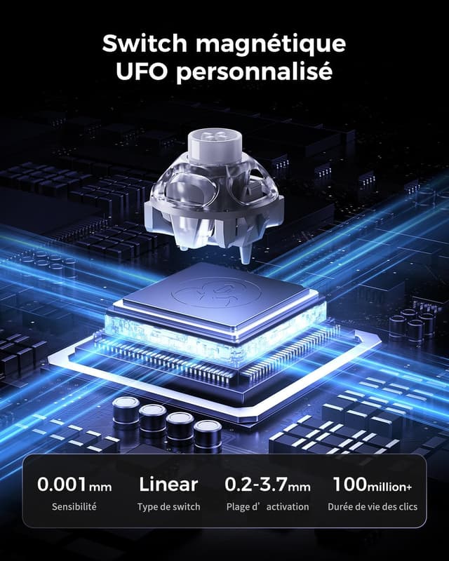 Detalle de GravaStar Mercury V60 Pro clavier gaming 60% : switchs magnétiques à effet Hall, Rapid Trigger et RGB