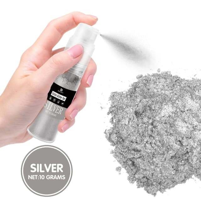 Detalle 2 de DecorRom essbarer Glitzer – 10 g Glitzerstaub im Sprühfläschchen (Silber) zum Dekorieren von Kuchen & Getränken