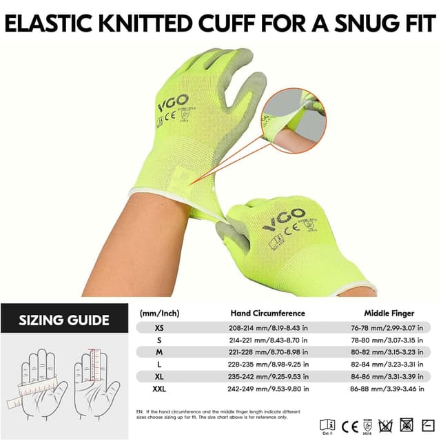 Detalle 2 de Vgo PU2103 15 Pairs PU-coated safety work gloves (latex free), Size XL, fluorescent yellow