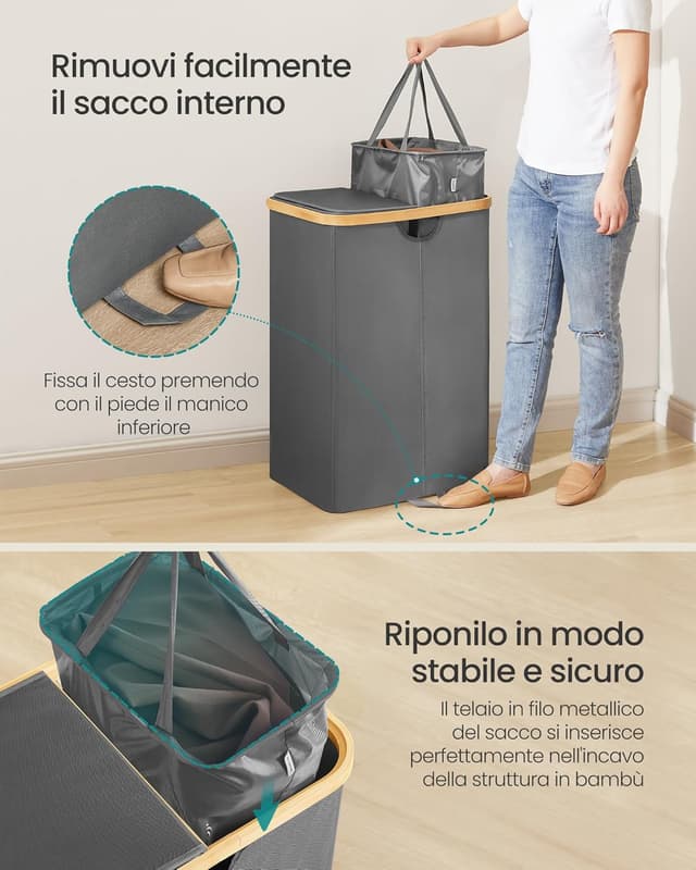 Detalle 2 de SONGMICS LCB523G01 cesto portabiancheria a 2 scomparti da 150 L con coperchio e sacchi interni rimovibili