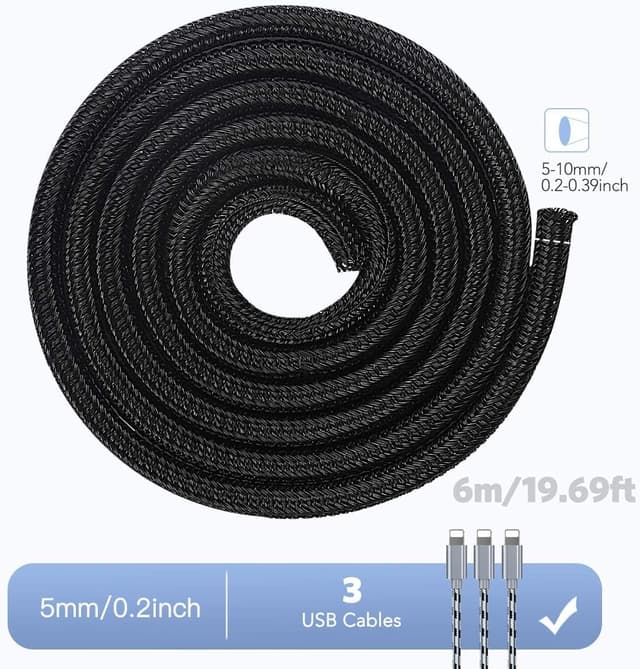 Detalle de AGPTEK 6 m Kabelschlauch (5–10 mm) mit selbstschließendem Kabelschutz und 6 Schrumpfschläuchen für Ladekabel