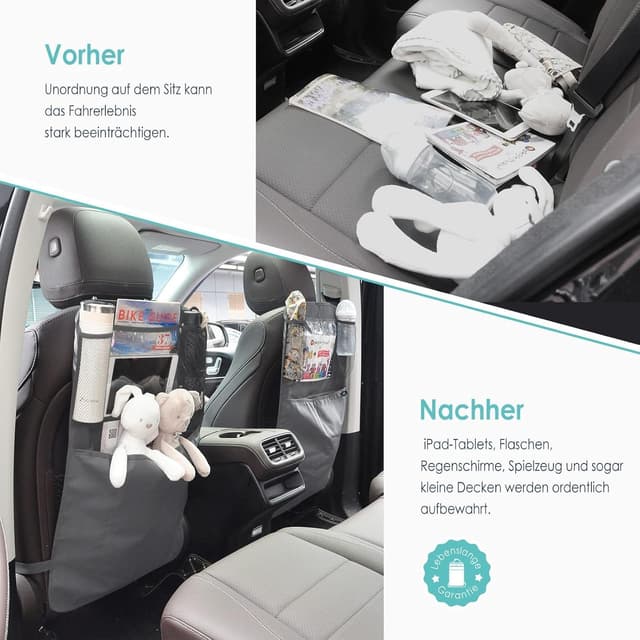 Detalle 2 de Termichy Rückenlehnenschutz fürs Auto mit Organizer & wasserdichtem Schutzplane – für Kinder, Rücksitz (1 Stück) grau