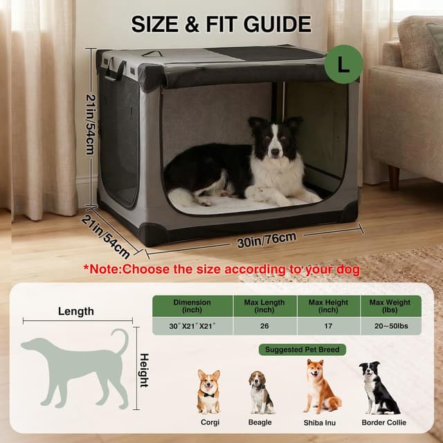 Detalle de Derimkcoa 76 × 54 × 54cm Collapsible Travel Dog Crate (Soft Portable Kennel, 4-Door) – Grey