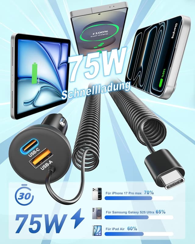 Detalle 2 de 75W Zigarettenanzünder USB-C/A mit 1,2m Spiralkabel