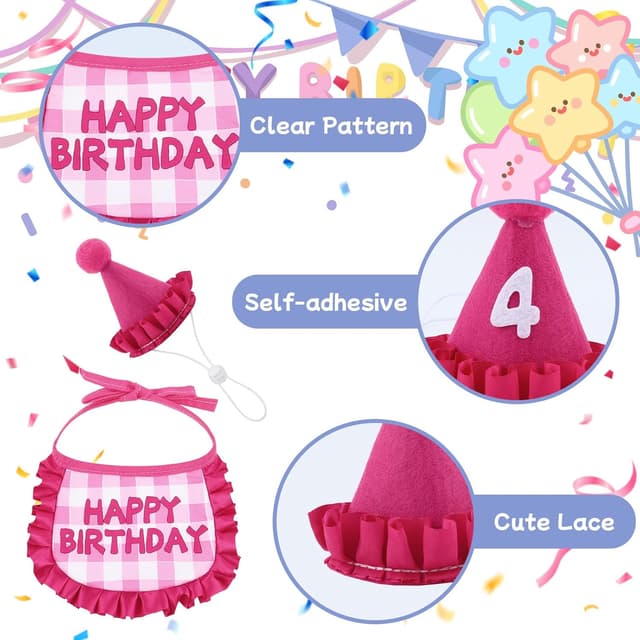 Detalle de La Desire Katzen Geburtstag Outfit Set (Bandana & Hut, 0–9 Zahlen) inkl. Plüsch-Torte und hängendem Katzenspielzeug mit Katzenminze – Rosa