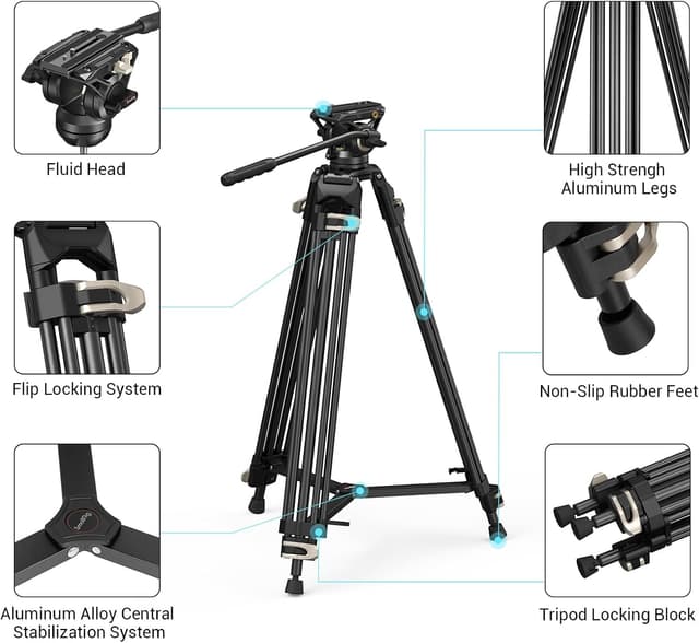 Detalle de SMALLRIG Videostativ 73 Zoll (186 cm) Heavy Duty Tripod mit 360°-Fluidkopf und Dual-Schnellwechselplatte – 3751B