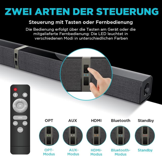 Detalle de HoYLluDLL 2.0-Kanal Soundbar für TV (abnehmbare 2-in-1 Soundbar, Bluetooth, ARC/optisch/Aux, 3 EQ-Modi)