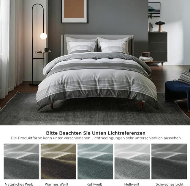 Detalle 2 de BEDSURE Wendebettwäsche 135x200 (2-teilig) Grau gestreift mit Reißverschluss – 80x80 Kissenbezug