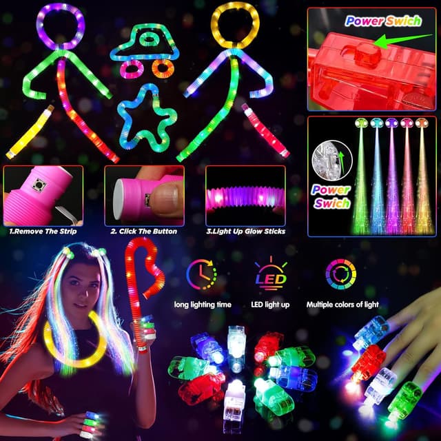 Detalle de SHQDD Glow-in-the-Dark Party Favors Bundle (LED & Glow Sticks), 27 Carnival Accessories + 100 Glow Sticks
