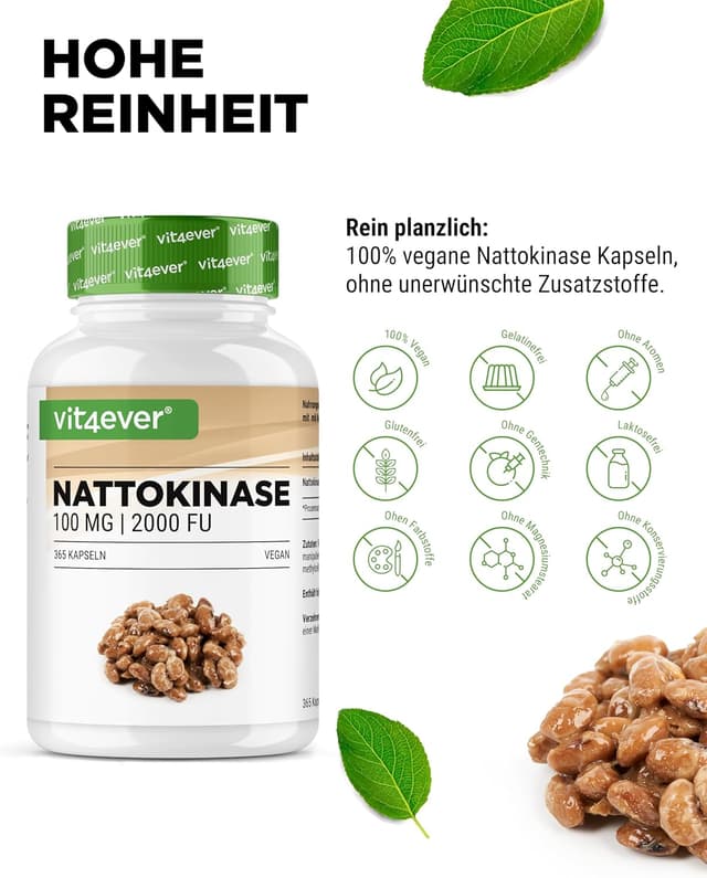 Detalle de vit4ever Nattokinase 100 mg (20.000 FU/g) – 180 Kapseln, vegan