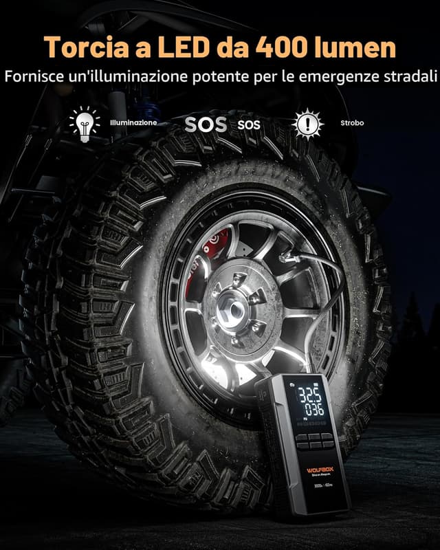 Detalle de WOLFBOX avviatore di emergenza 3000A con compressore d’aria e ricarica rapida 65W (pacchetto 12V)