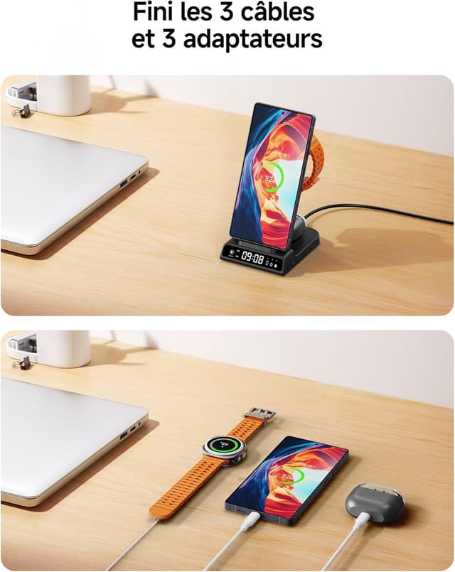 Thumbnail 6 de Station de charge sans fil 3-en-1 pour Samsung (S25/S24/S23, Z Fold/Z Flip), chargeur induction Galaxy Watch et Galaxy Buds — avec horloge numérique
