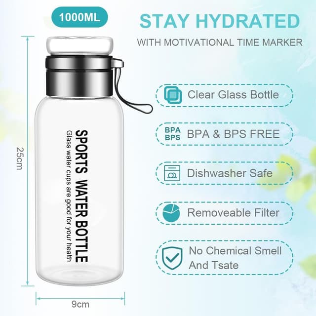 Detalle de flintronic 1L borosilicate glass water bottle with stainless steel infuser and leak-proof lid