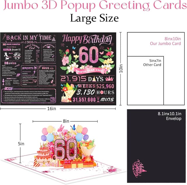 Thumbnail 6 de Awrmoo 60th Birthday Cards for Women – 3D Pop Up 60th Card with Rose Gold 1966 Gilded Cover