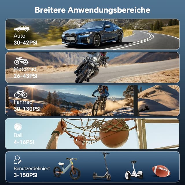 Detalle de Elektrische Luftpumpe 150 PSI – tragbarer Akku Mini-Kompressor mit digitaler Anzeige, LED-Licht & USB-Laden