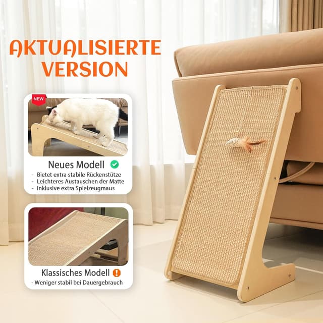 Detalle de PETKARAY Kratzbrett Katze (L-förmig) 68 cm – Sisal-Kratzpad für Wand & Ecke, mit Katzenminze und Mausspielzeug