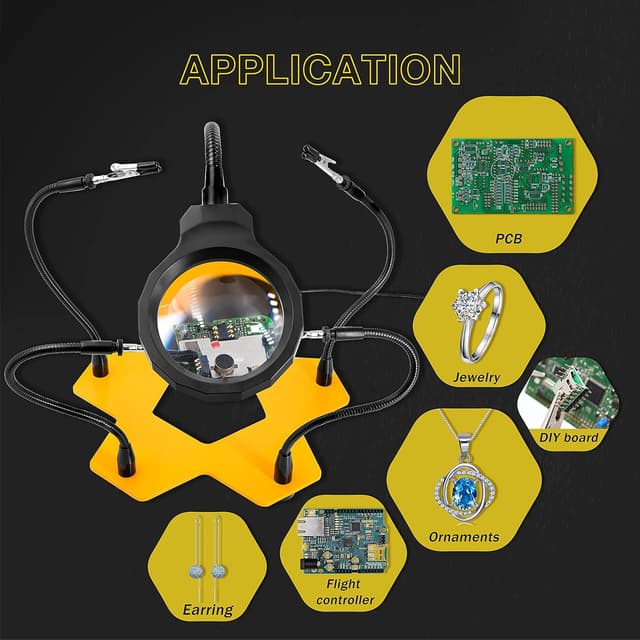 Detalle de Fstop Labs Kotto : loupe LED éclairée et troisième main pour soudure PCB, avec base lestée anti-dérapante