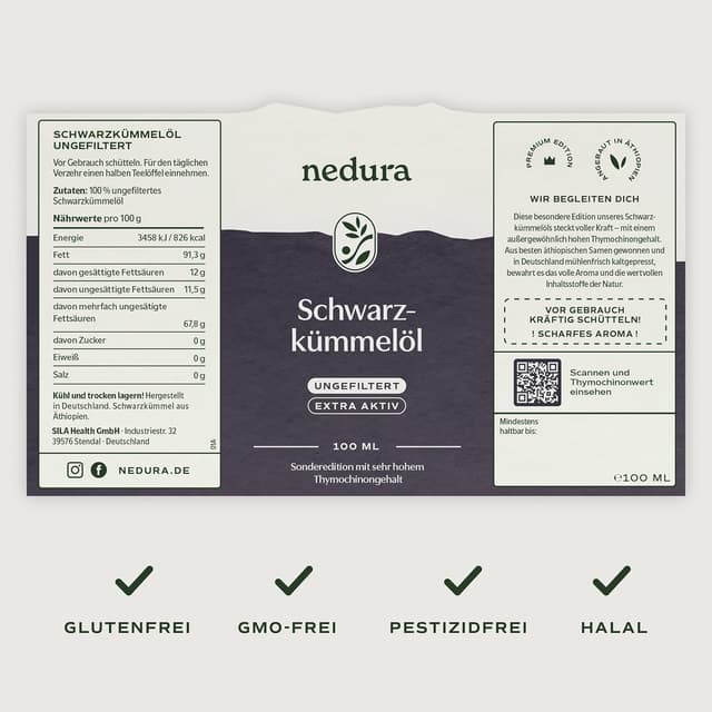 Detalle de nedura® Schwarzkümmelöl extra aktiv (ungefiltert) 100 ml – kaltgepresst aus äthiopischem Schwarzkümmel mit 2,1 % Thymochinongehalt