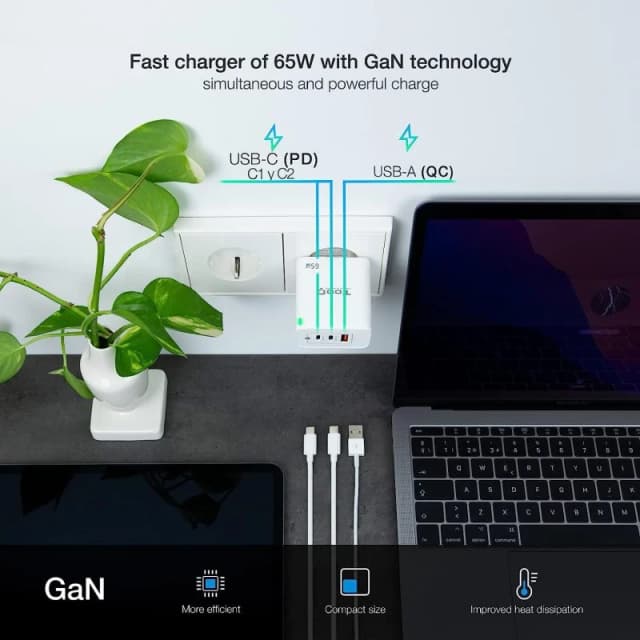 Detalle de TooQ TQWC-GANQC2PD65WT Cargador 65 W blanco