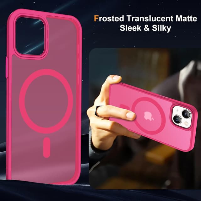 Detalle de ORETECH Magnetische Hülle für iPhone 15 Plus (Mag-Safe) mit 2 Displayschutzfolien & 1 Kameraschutz – stoßfest, transluzente Rückseite in Hot Pink