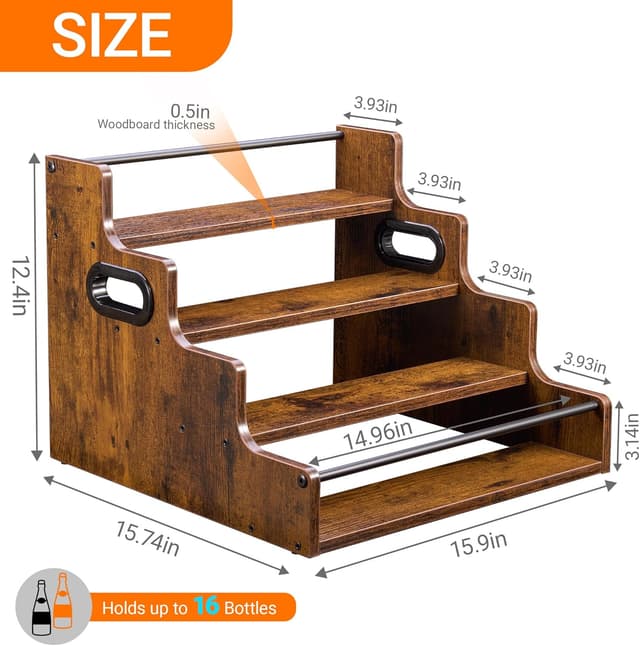 Detalle de YQBRAO 2 Pack 4-Tier Liquor Bottle Display Shelves (16-Inch) in Rustic Brown