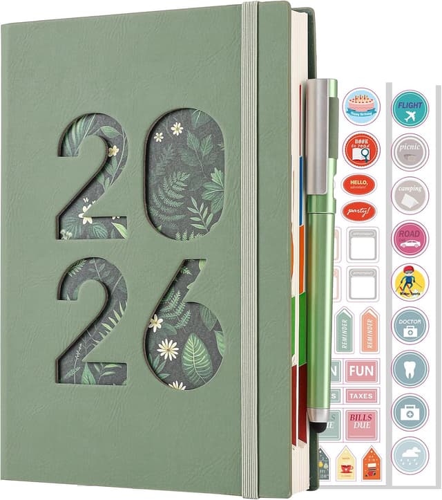 Detalle de 2026 A5 Page-a-Day Diary (Jan–Dec 2026) with Pen Loop, Tabs & Inner Pocket – Green Stickers