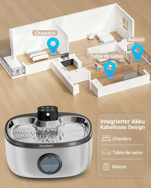 Detalle 2 de Dwarfuarm 5L kabelloser Trinkbrunnen für Hunde & Katzen mit 4.000-mAh-Akku, LED-Sensor und 4-Schicht-Filter
