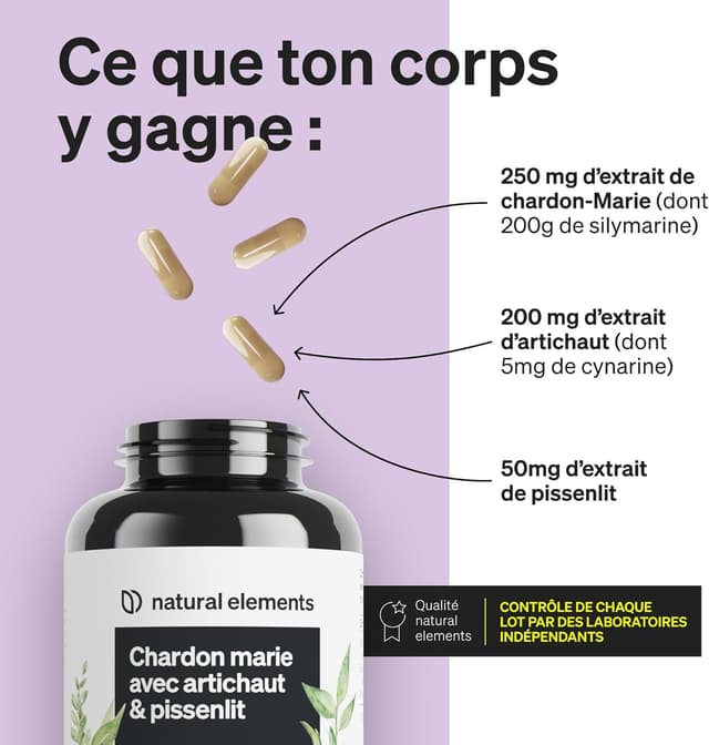 Detalle de Complexe chardon Marie, pissenlit et artichaut Natural Elements – 120 gélules (4 mois), vegan