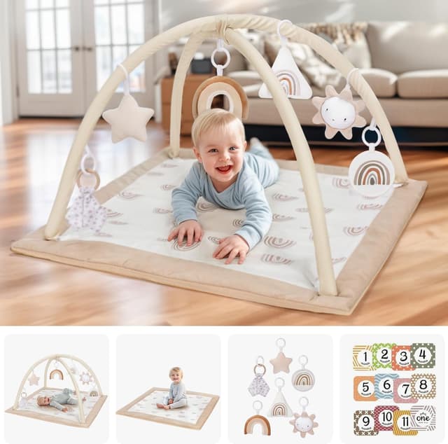 Detalle 2 de Mallify Spielbogen Baby Mädchen – Krabbeldecke mit 6 abnehmbaren Spielzeugen und 12 Meilensteinkarten