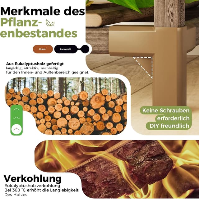 Detalle de Bamworld Pflanzenständer aus Holz für Zimmerpflanzen & Outdoor – gestuftes Leiterregal mit Rollen