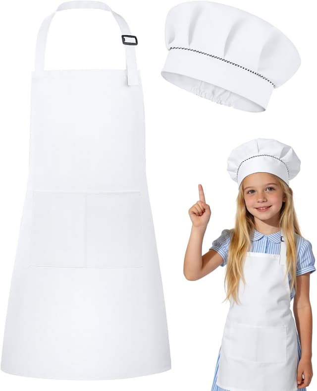 Detalle de DiULi Set grembiule per bambini + cappello da cuoco regolabile (7-13 anni) bianco