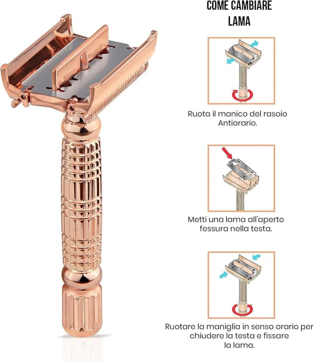 Detalle de Kanzy rasoio di sicurezza a farfalla a doppio filo Rose Gold per donna e uomo (manico lungo, monolama classico tradizionale)