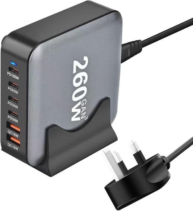 Detalle de WOSUK GaN III 260W 6-Port USB-C Charger Station (QC4.0, PD 100W) for Laptop, Phone & Tablet