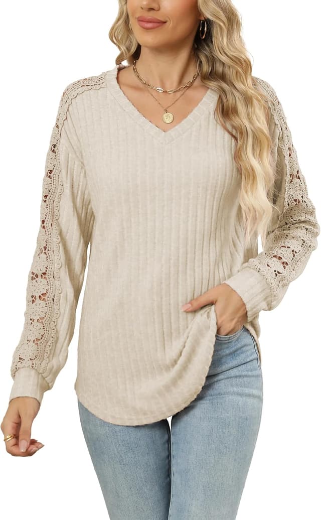 Thumbnail 6 de Famulily V Neck Jumper for Women – lightweight hollow-out long sleeve top for layering