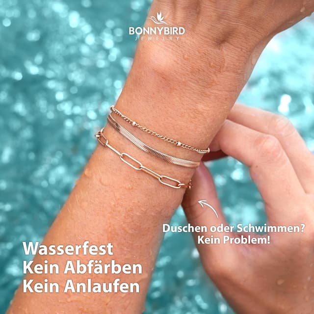 Detalle de BONNYBIRD Premium Edelstahl-Armband-Set Damen „BonnyShine“ in Silber, Gold & Roségold – 100% wasserfest