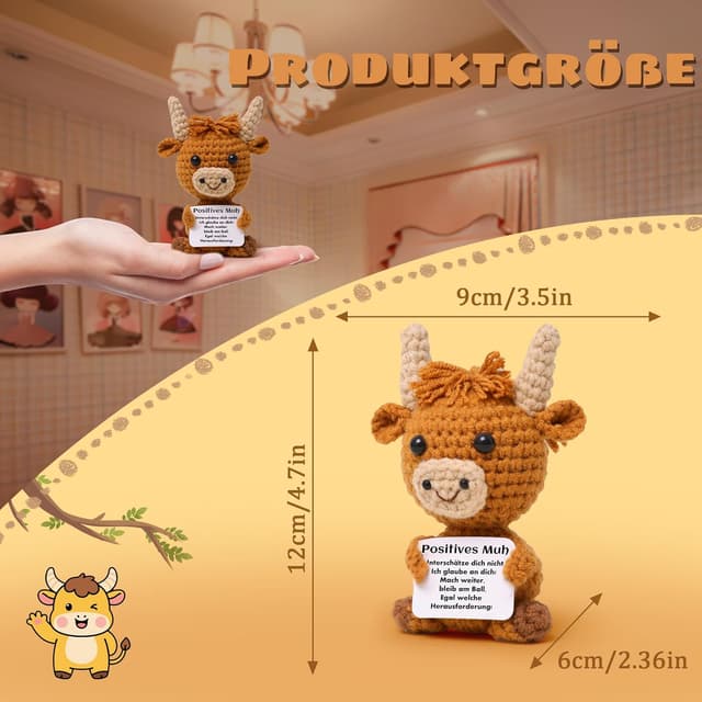 Detalle de Gehäkelte Highland Cow Kuh Mini-Strickpuppe mit positiver Energie Karte – Mini-Kuscheltier für Stressabbau