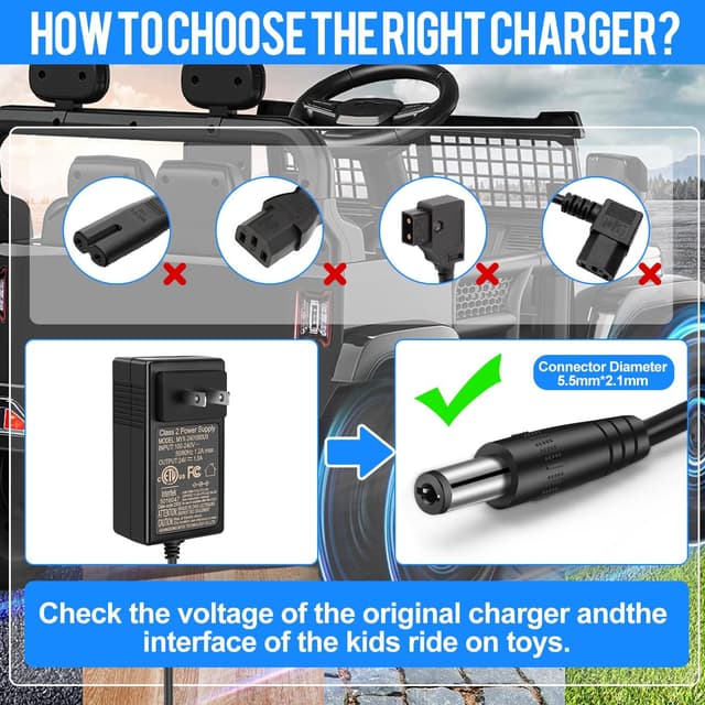 Detalle de EGK 24V Charger for Ride-On Toys with 6.6Ft Cable (2.1mm x 5.5mm) — Compact Power Adapter