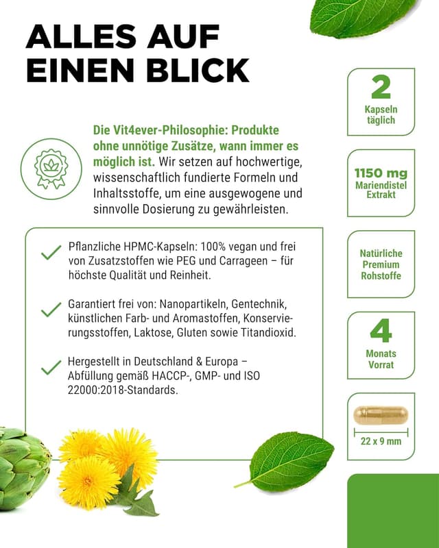 Detalle 2 de Mariendistel Artischocken Löwenzahn Komplex – 240 Kapseln (4 Monatsvorrat) mit 80% Silymarin & 2,5% Cynarin