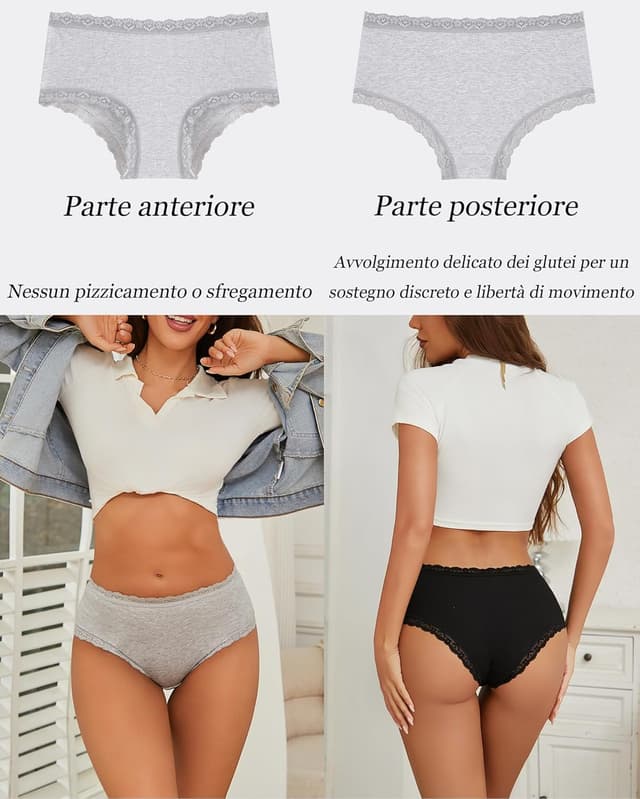 Detalle 2 de ALL OF SHE confezione da 6 mutande donna in cotone (slip brasiliana in pizzo), vita media, traspiranti S-XXL