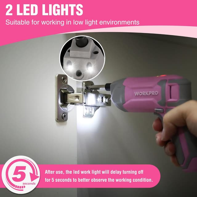Detalle de WORKPRO Avvitatore elettrico da 3,6 V con 7 Nm, LED e ricarica USB (rosa)