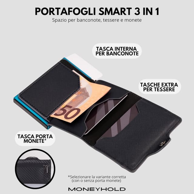 Detalle de Moneyhold portafoglio uomo slim con protezione RFID, porta carte e portamonete (fino a 10 tessere)