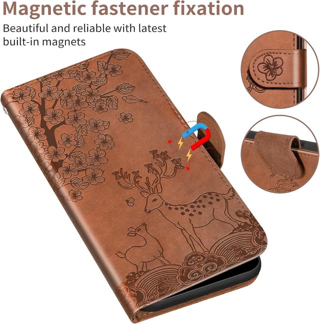 Detalle de Nbziyoo Embossed Deer Floral Flip Wallet Case for iPhone 13 Pro Max (Brown)