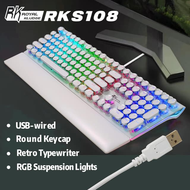 Detalle 2 de RK ROYAL KLUDGE S108 Typewriter Gaming Keyboard with Number Pad, Detachable Wrist Rest, Blue Clicky Switches, Retro RGB